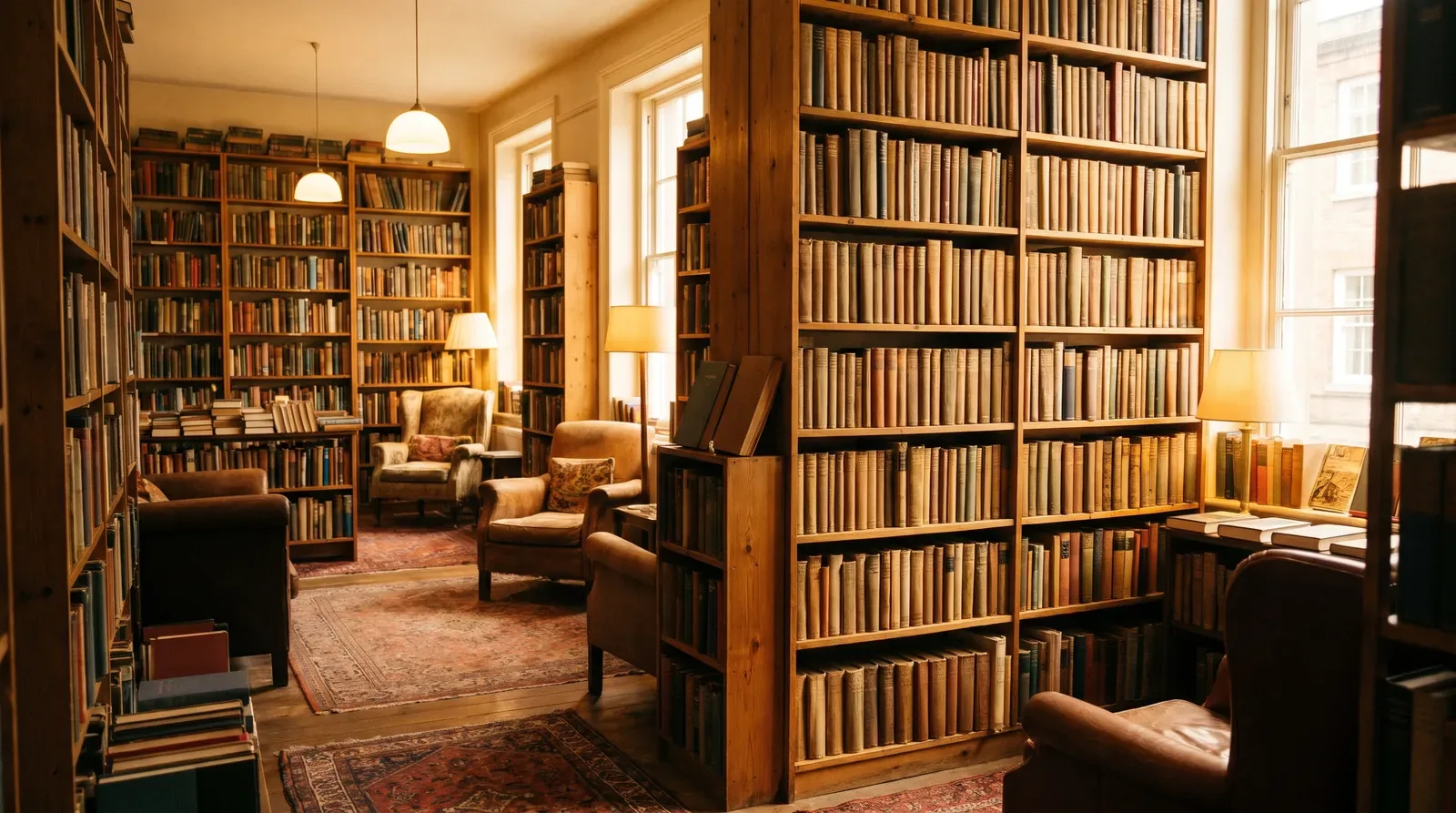 Tall wooden shelves of books inside a warmly lit bookshop