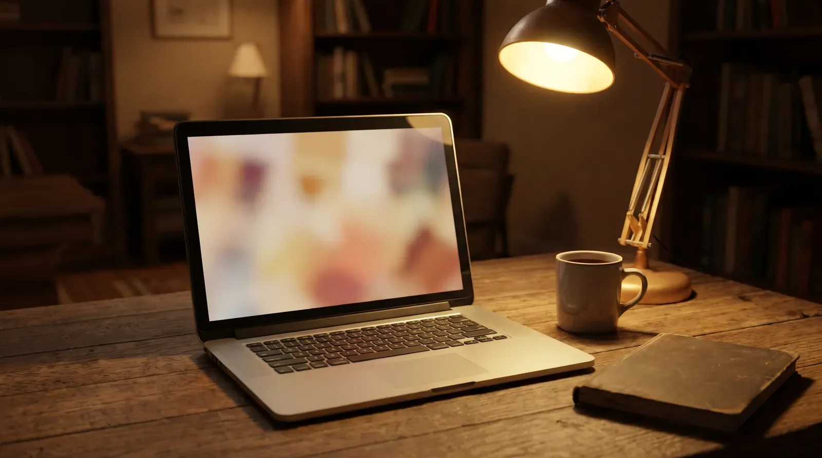An open laptop on a desk under a lamp in the evening