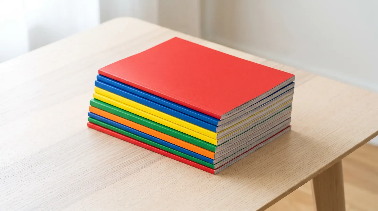 A neat stack of magazines on a pale wooden table