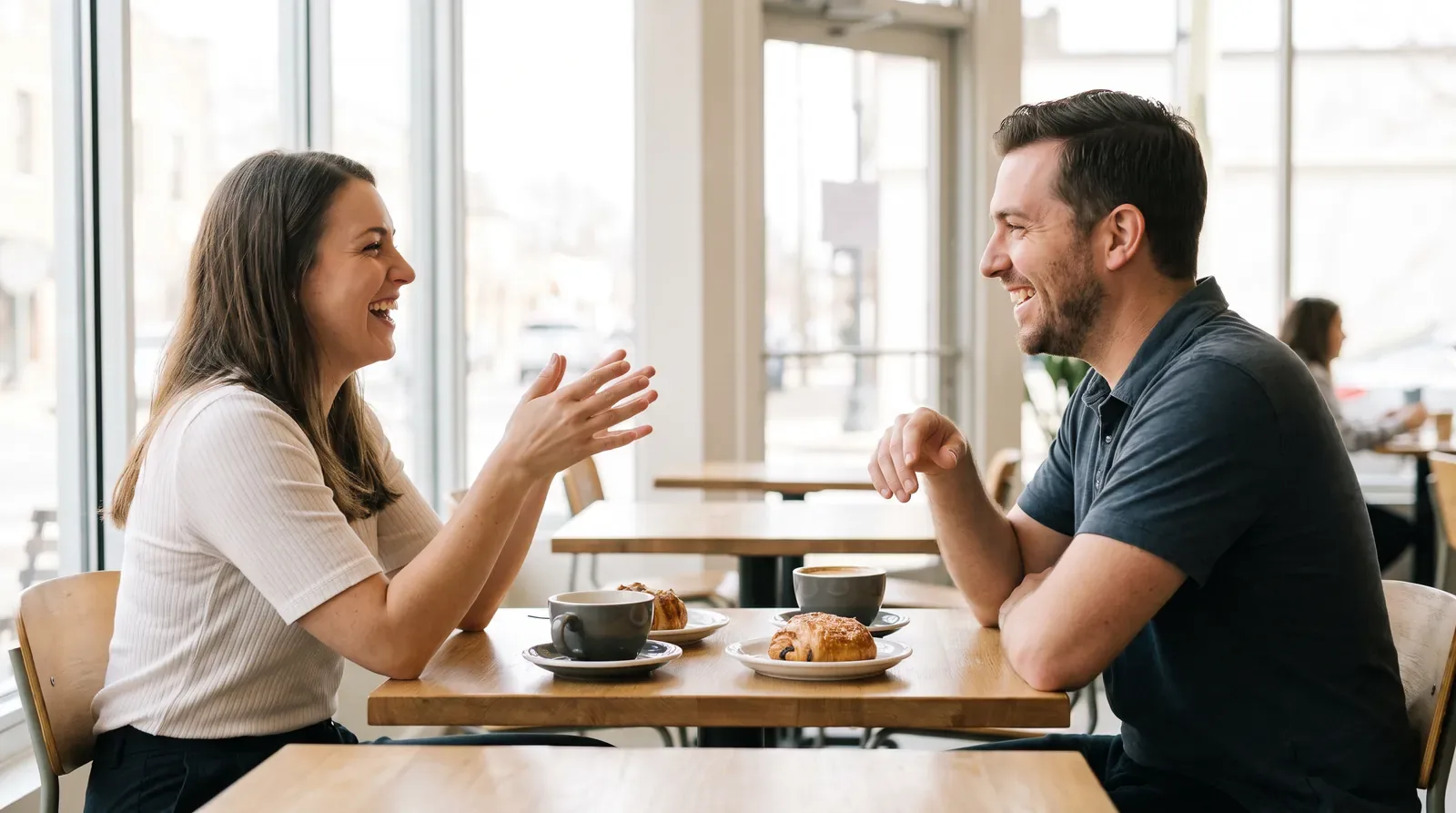Two people in a lively discussion across a cafe table