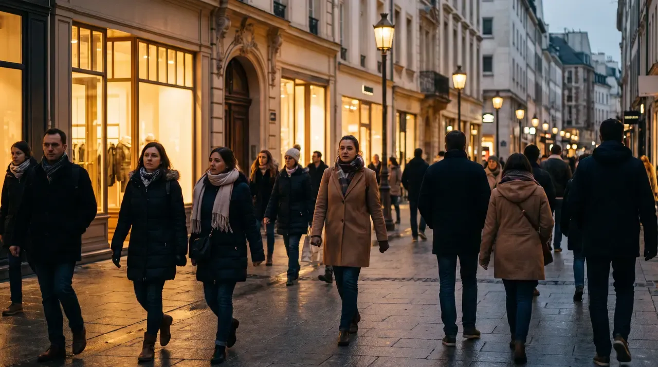 People walking along a city street in the evening