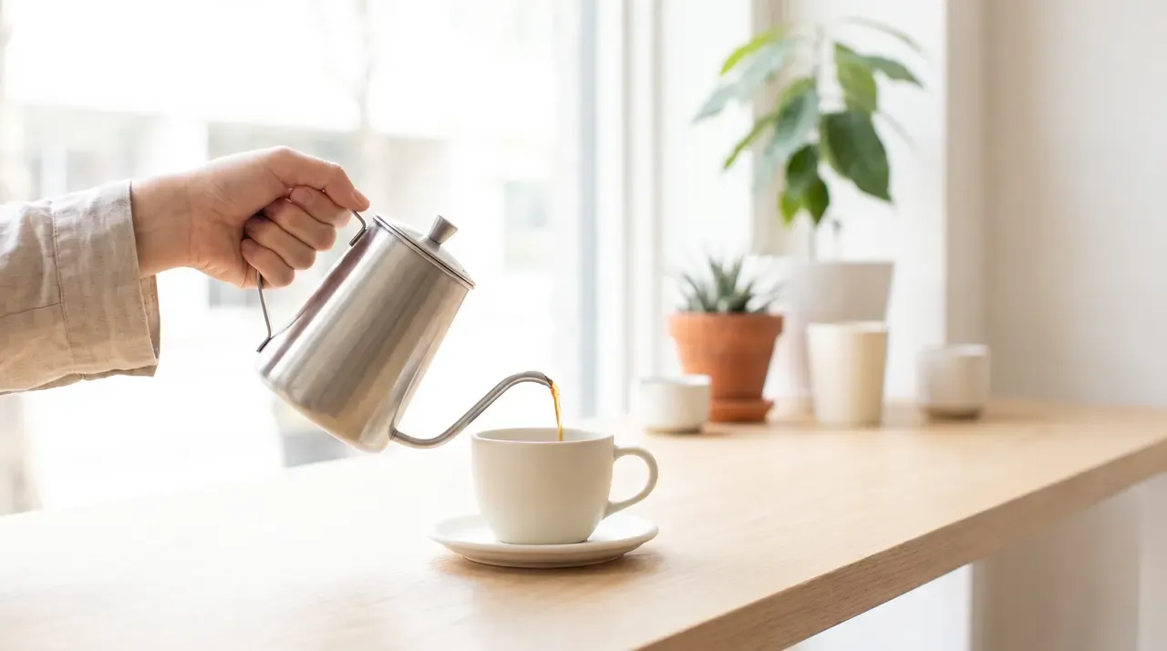 Coffee being poured into a cup on a cafe counter